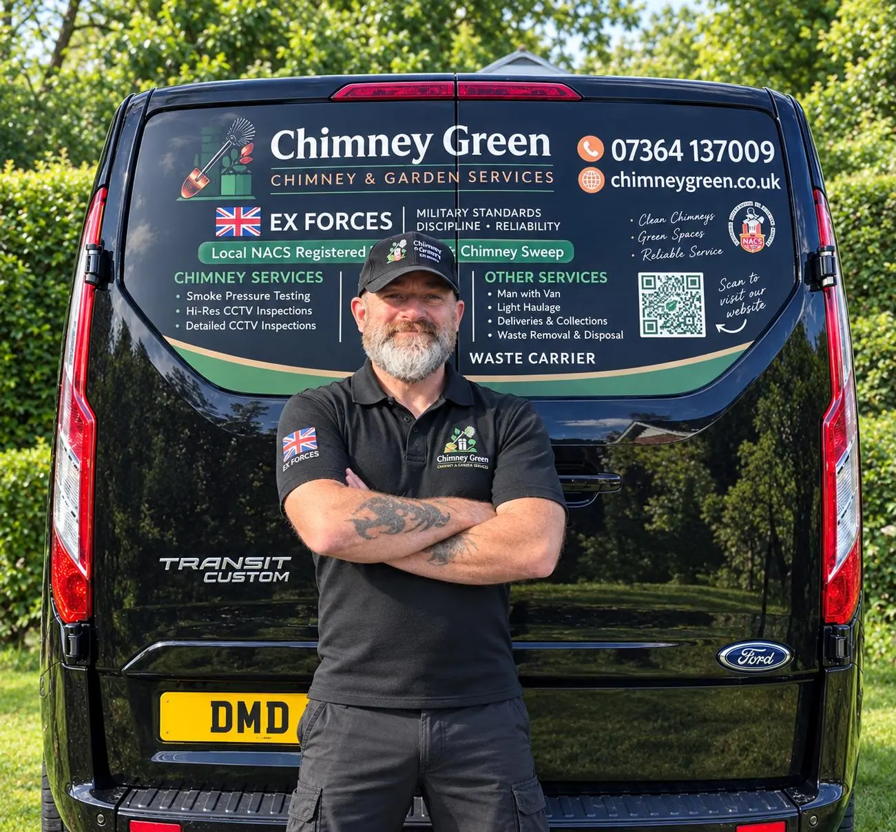 Darren, founder of Chimney Green, standing in front of his signwritten Chimney Green van