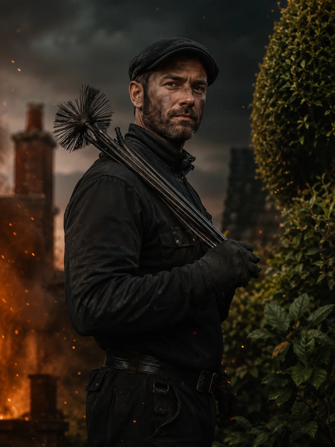 Darren, ex-Forces NACS-registered chimney sweep and grounds specialist, holding chimney rods