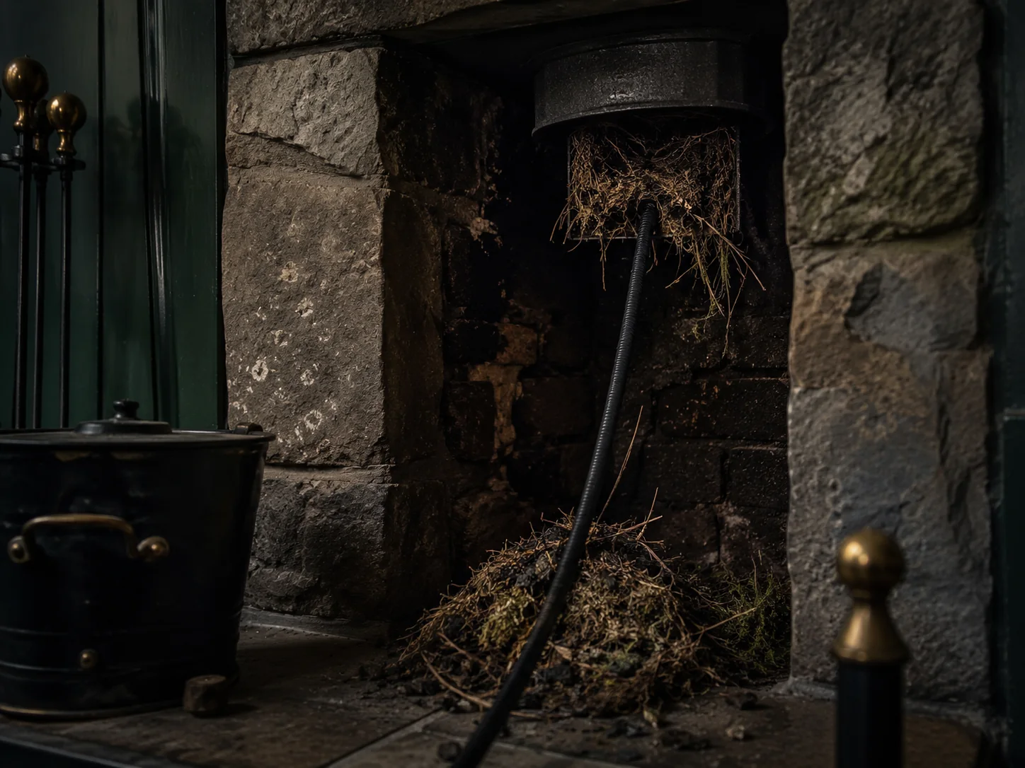A bird's nest being removed from a chimney flue with sweep rods, nesting debris on the hearth